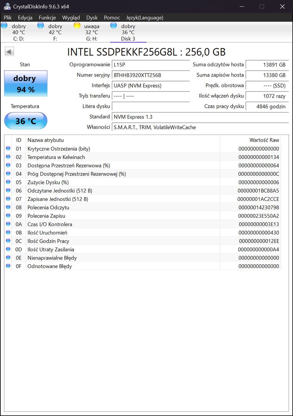 Dysk twardy Intel 256 GB PCIe NVMe SSD M2 2280 | 00UP702