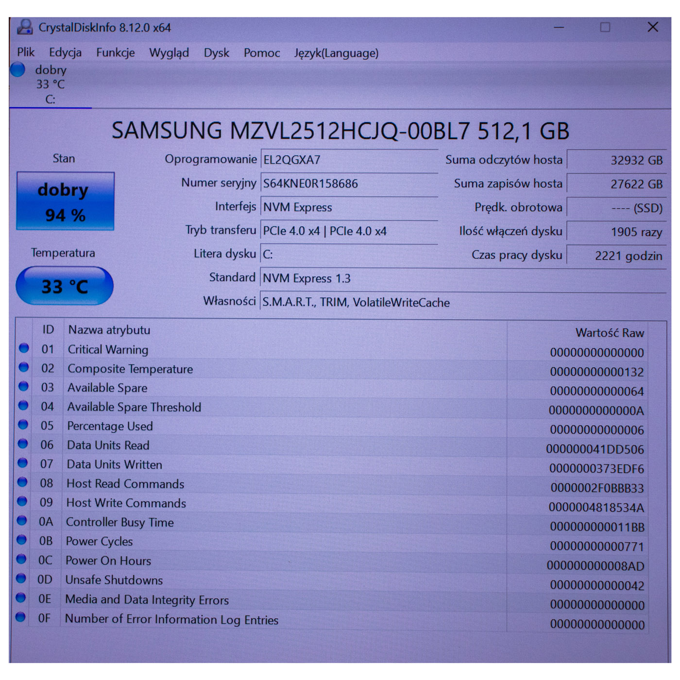 Dysk twardy M.2 512 GB Samsung 2280 PCIe 4x4 NVMe 1.4