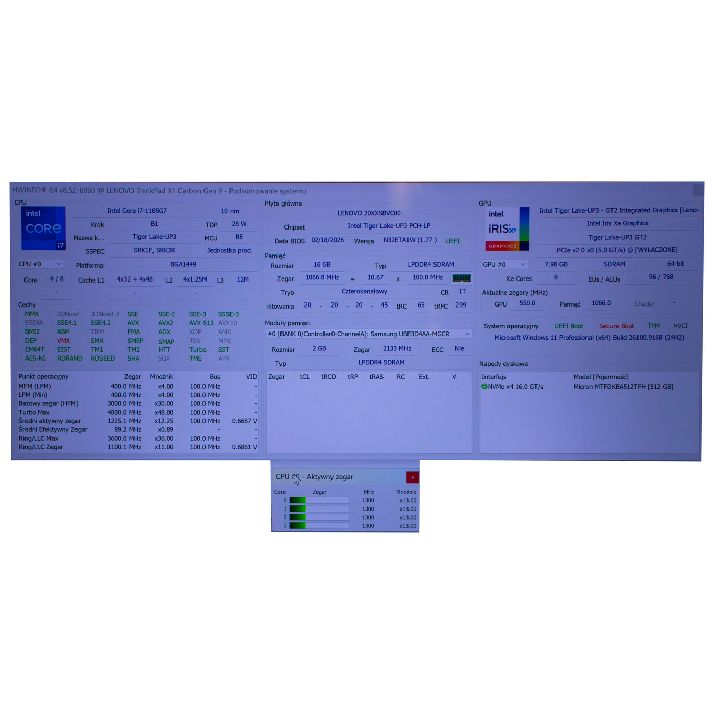 Płyta główna procesor Lenovo X1 Carbon 9 i7 1185G7 16GB