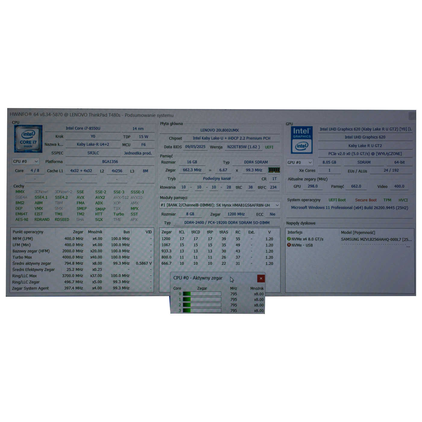 Płyta główna procesor Lenovo ThinkPad T480s i7 8550U