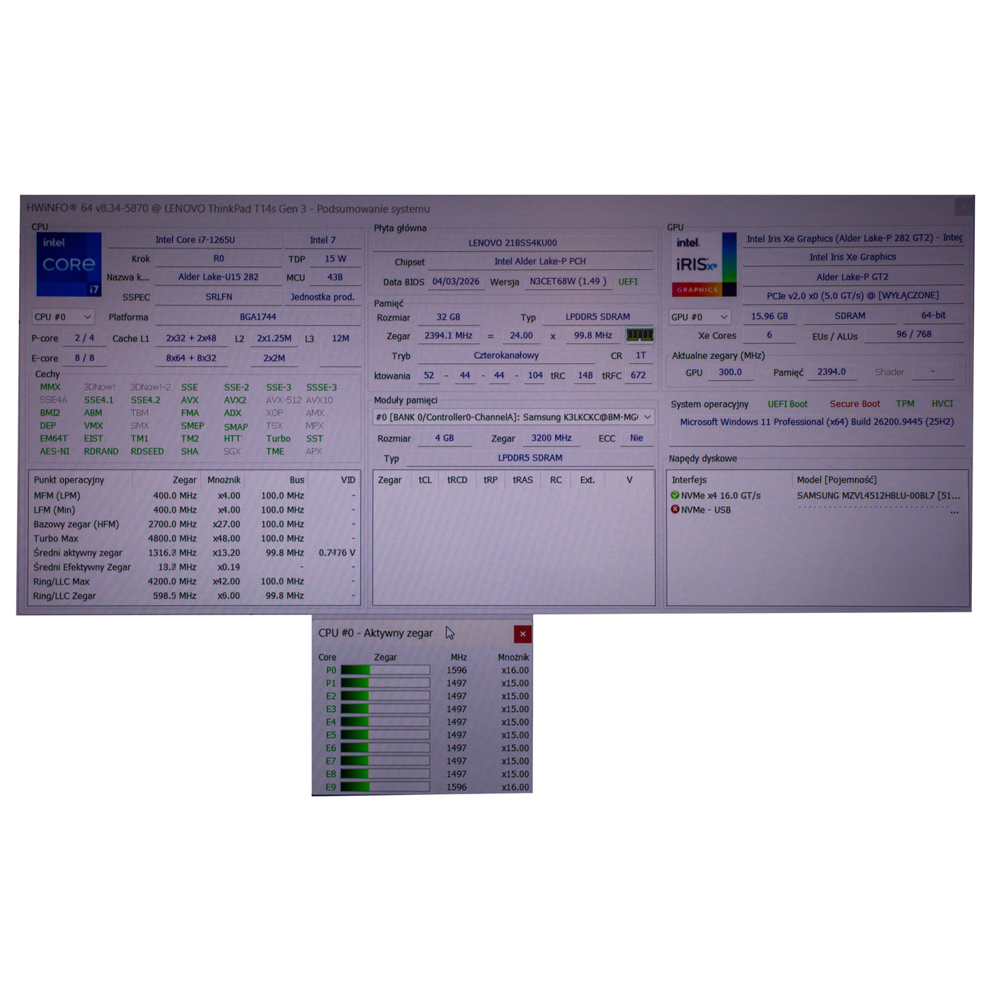 Płyta główna procesor Lenovo T14s 3 generacja i7 1265U 32 GB
