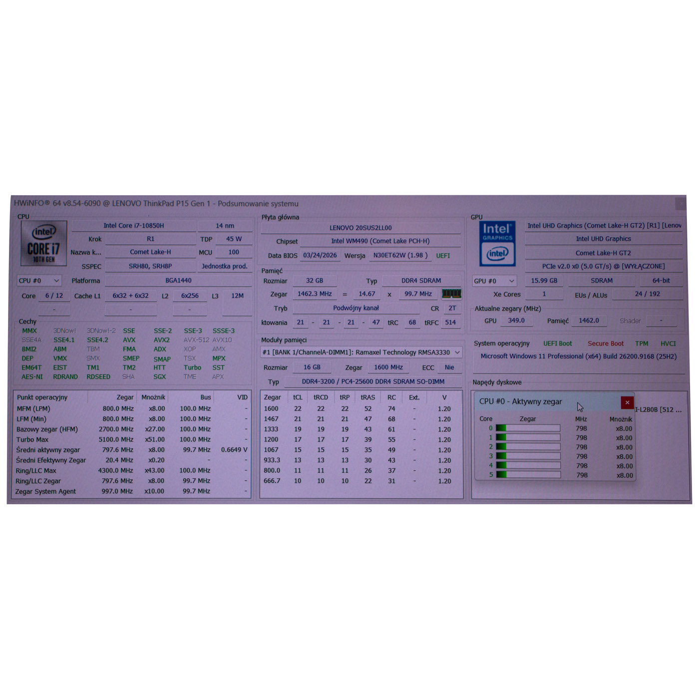 Płyta główna procesor Lenovo ThinkPad P15 i7 10850H