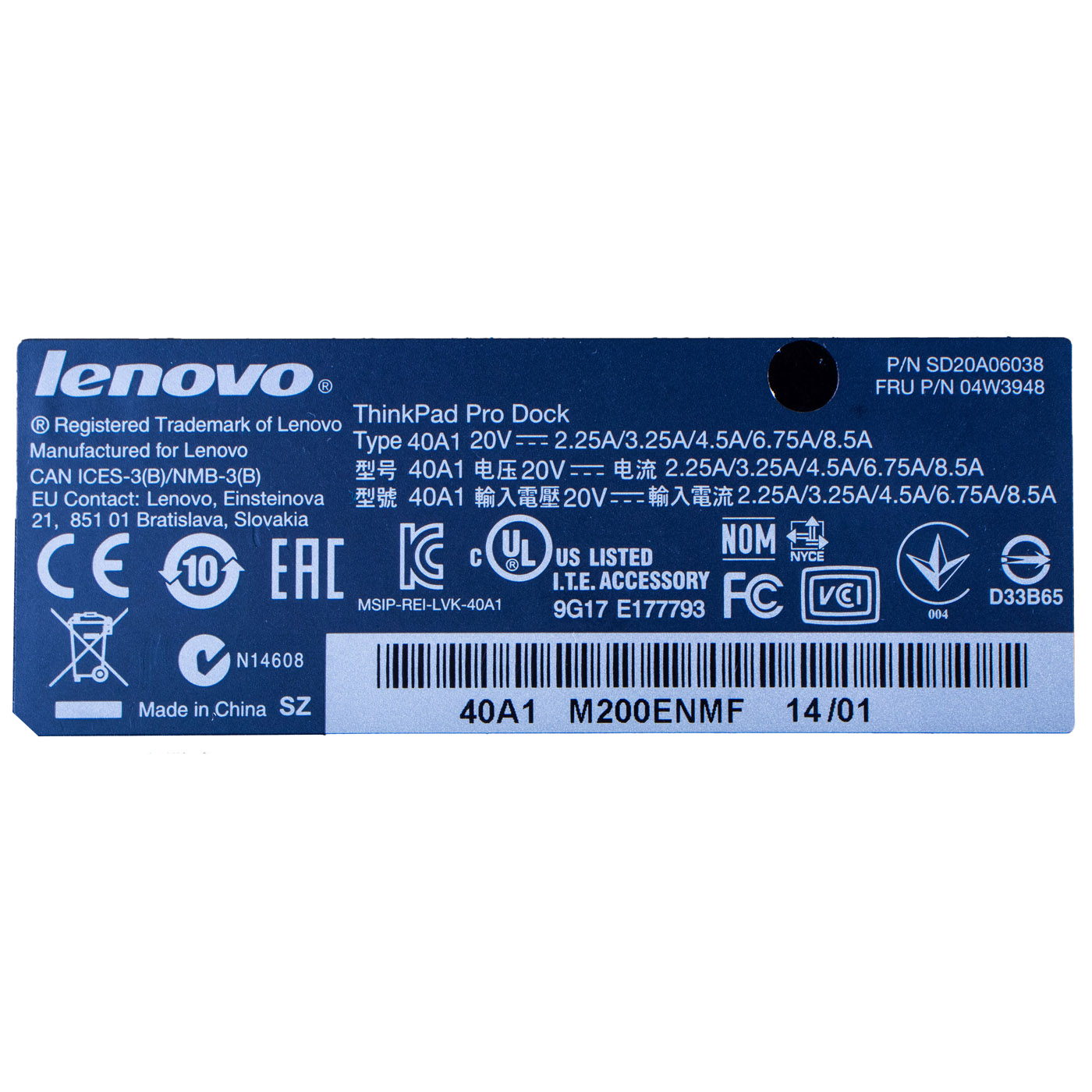Stacja dokująca Lenovo Pro Dock 40A1 T440 X240 T450 X250 T460 P50 P70