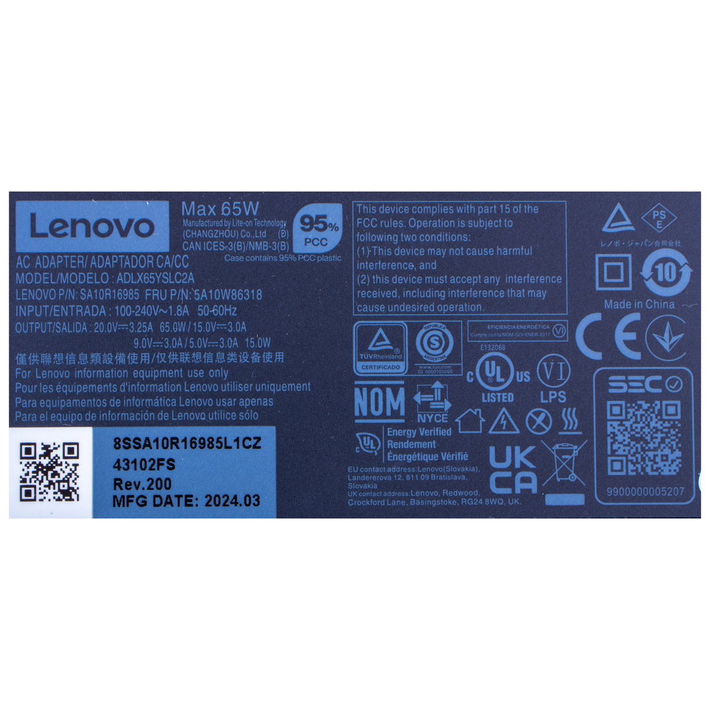 Zasilacz 65 W Lenovo X1 T14s L14 L15 Yoga USB-C | 5A10W86318